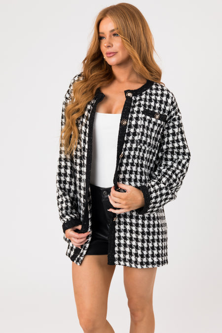 Black Houndstooth Woven Tweed Jacket