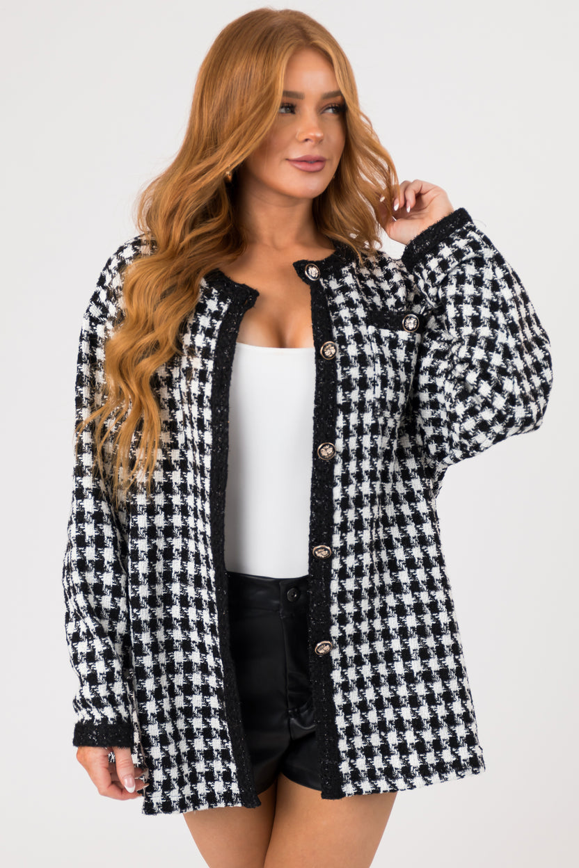 Black Houndstooth Woven Tweed Jacket