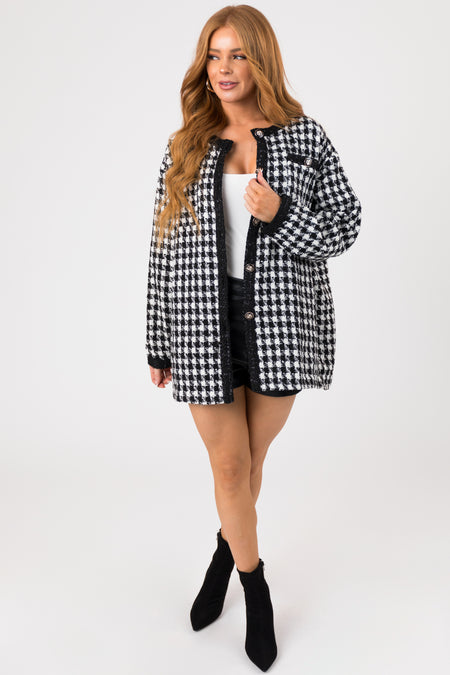 Black Houndstooth Woven Tweed Jacket