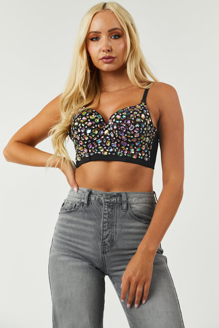 Black Iridescent Rhinestone Cropped Bustier Top