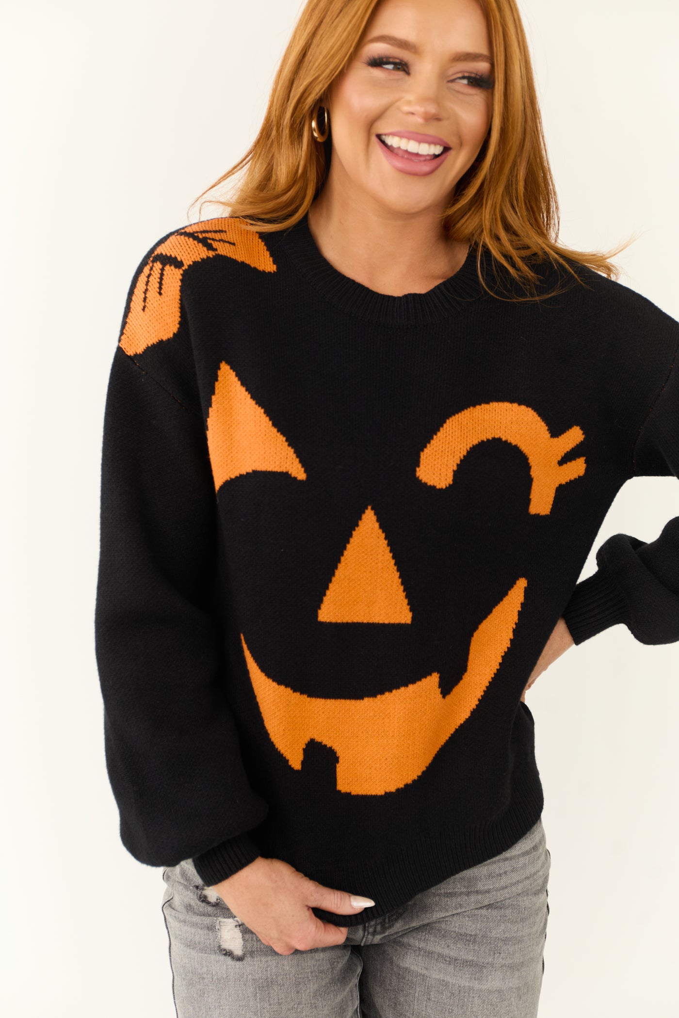 Black Jack-O-Lantern Graphic Soft Knit Sweater