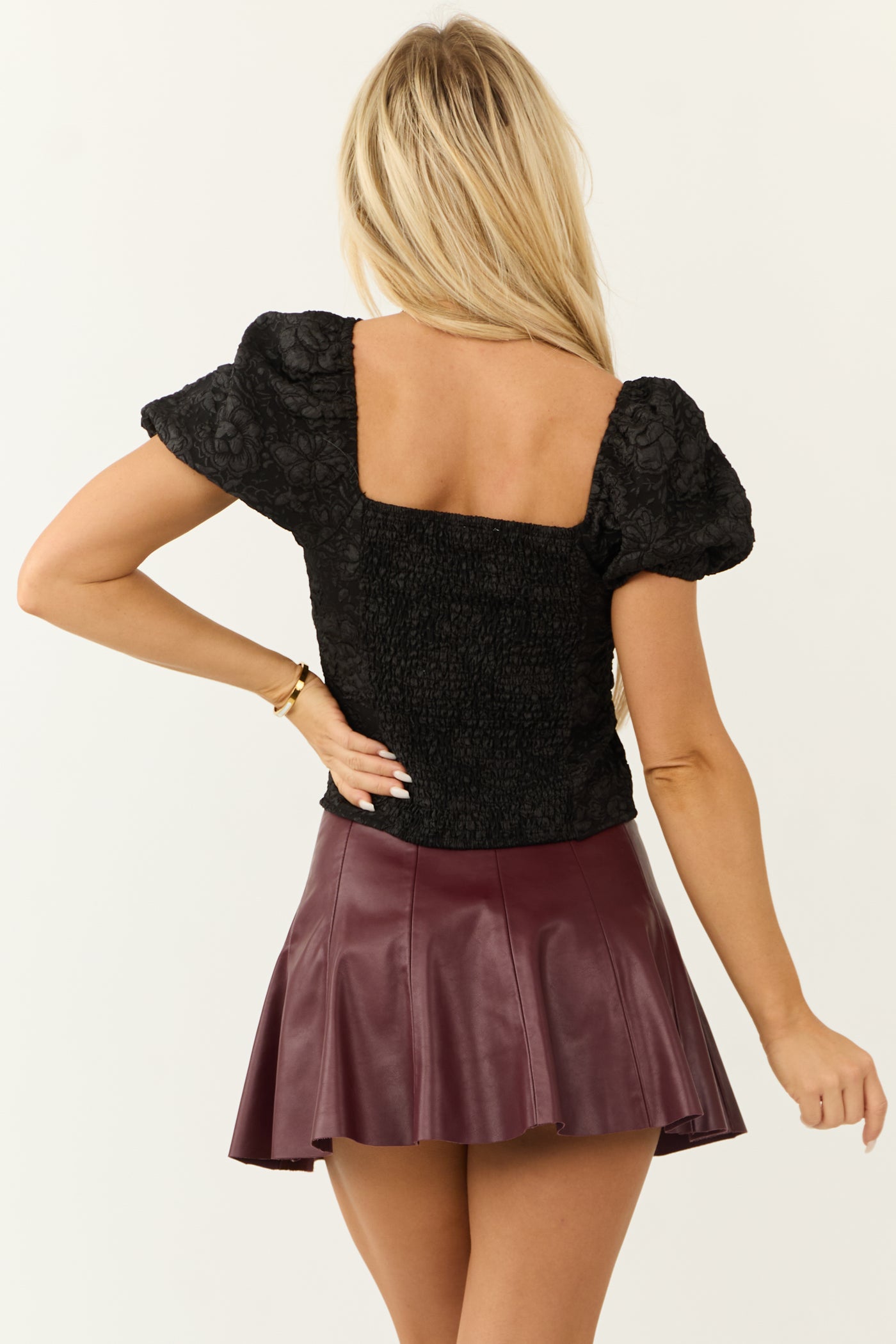 Black Jacquard Puff Sleeve Square Neck Cropped Top