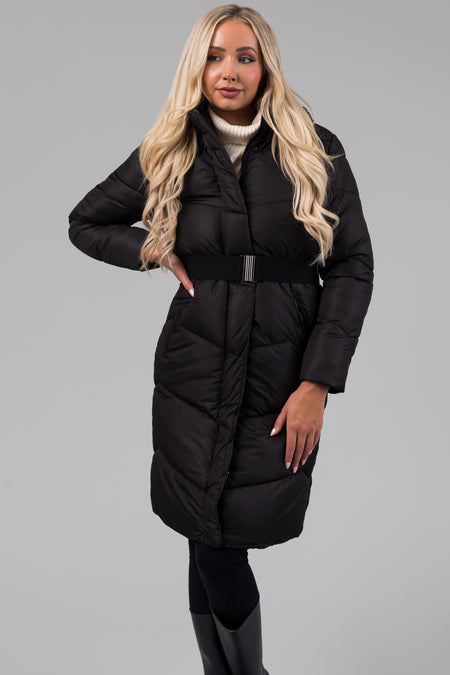 Black Knee Length Belt Hooded Puffer Coat