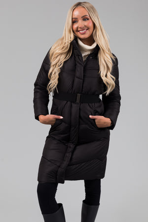 Black Knee Length Belt Hooded Puffer Coat