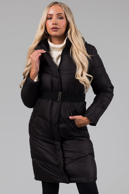 Black Knee Length Belt Hooded Puffer Coat