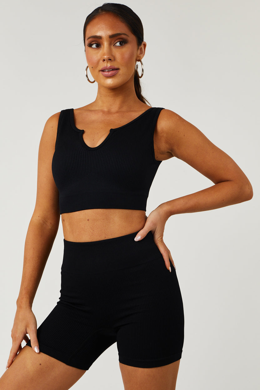 Black Knit Cropped Top and Biker Shorts Set