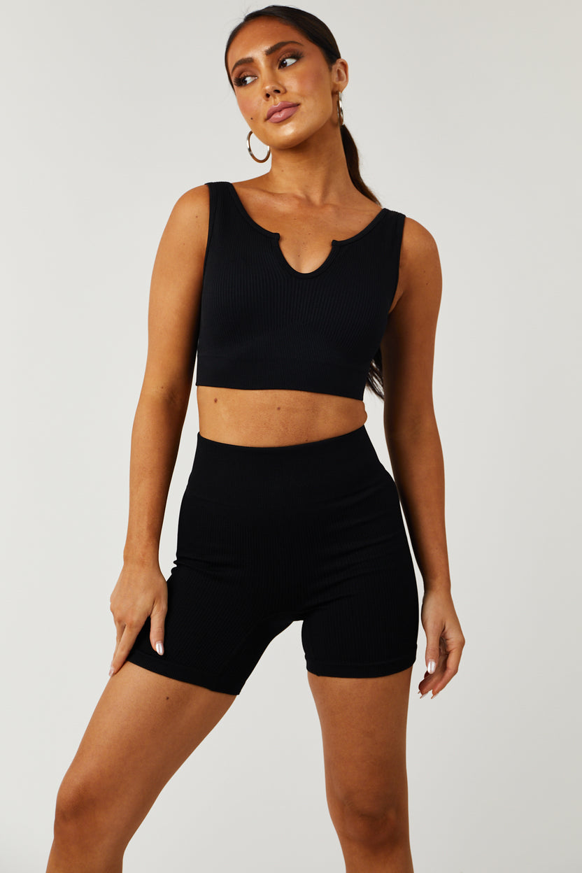 Black Knit Cropped Top and Biker Shorts Set