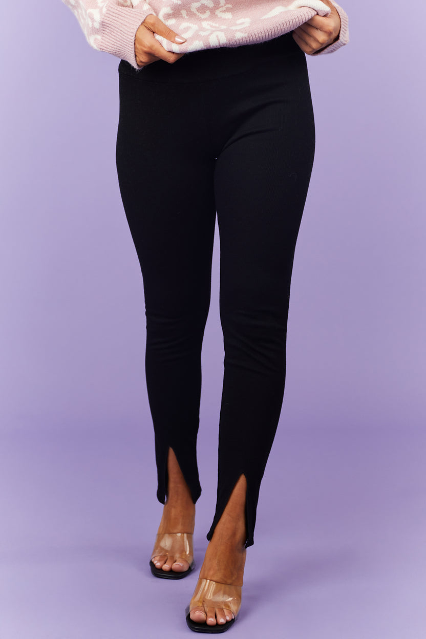 Black Knit High Waisted Side Slit Leggings