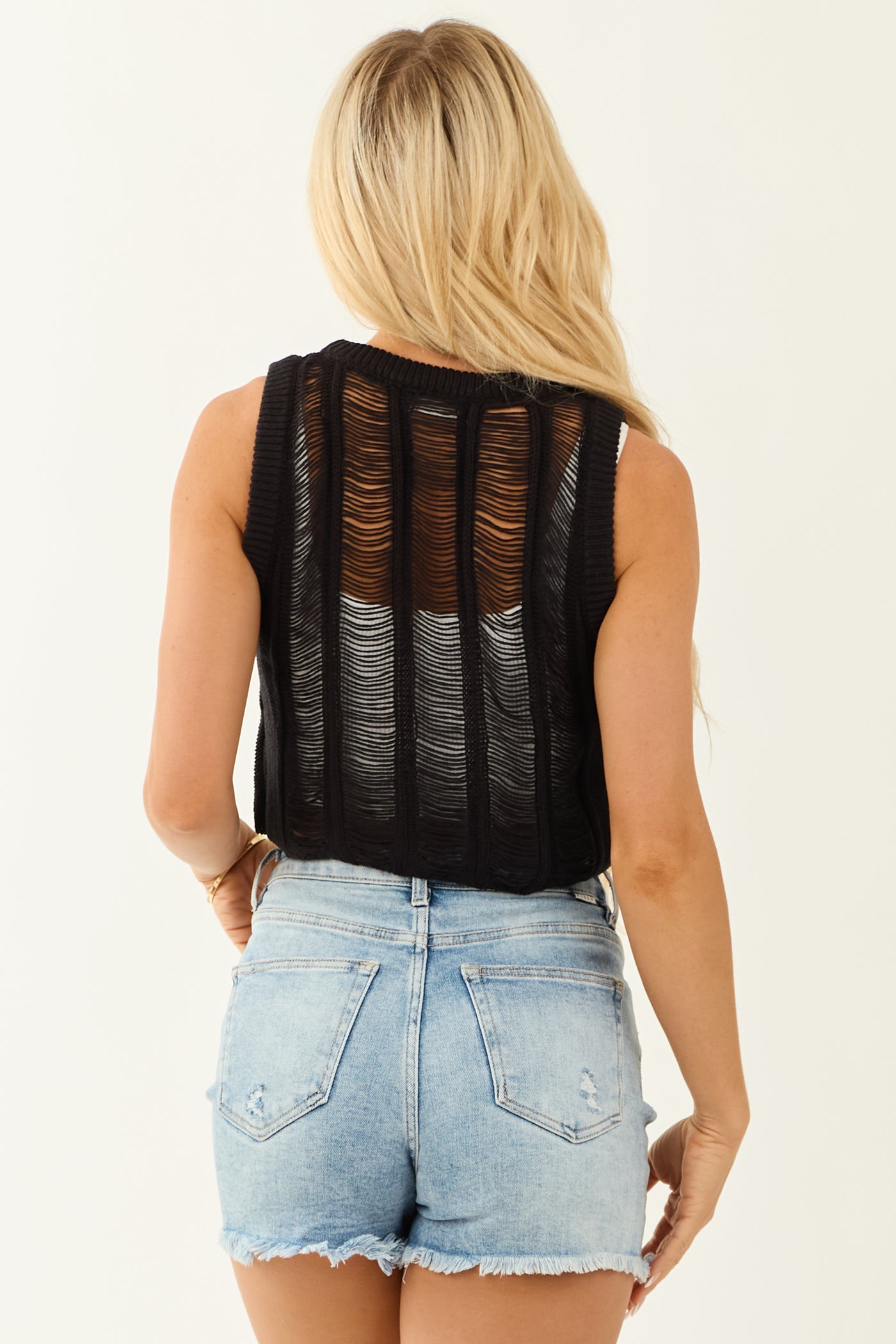 Black Knit Ladder Cut Out Cropped Tank Top