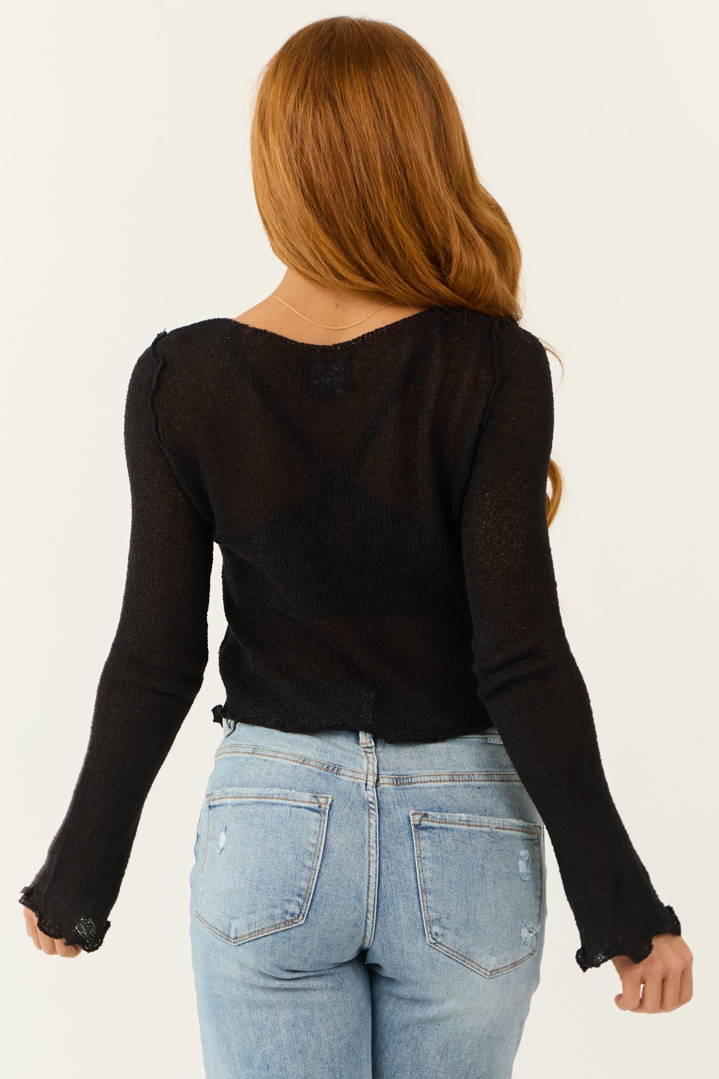 Black Knit Sheer Long Flare Sleeve Top