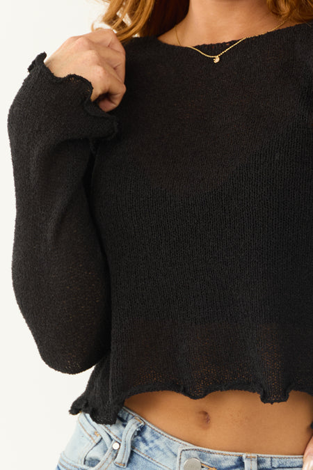 Black Knit Sheer Long Flare Sleeve Top