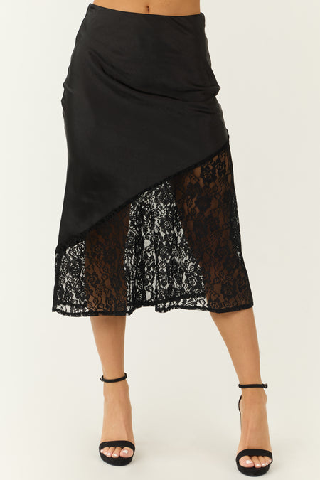 Black Lace Bottom Asymmetrical Midi Skirt