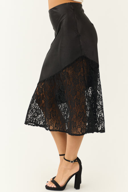 Black Lace Bottom Asymmetrical Midi Skirt