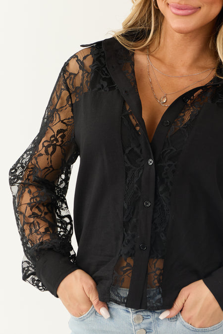 Black Lace Button Down Collared Long Sleeve Top