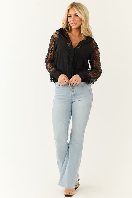 Black Lace Button Down Collared Long Sleeve Top