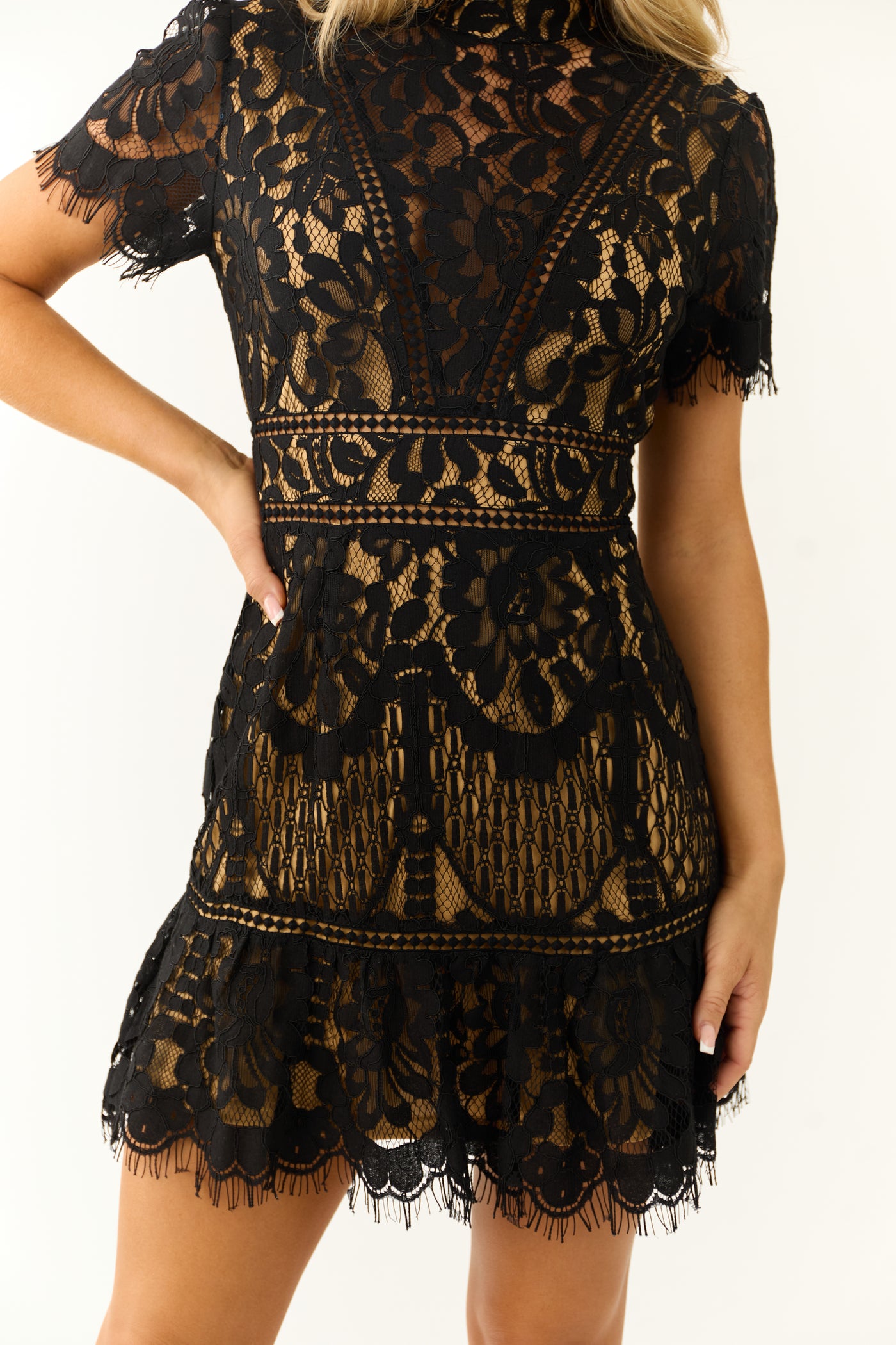 Black Lace Overlay Mock Neck Mini Dress