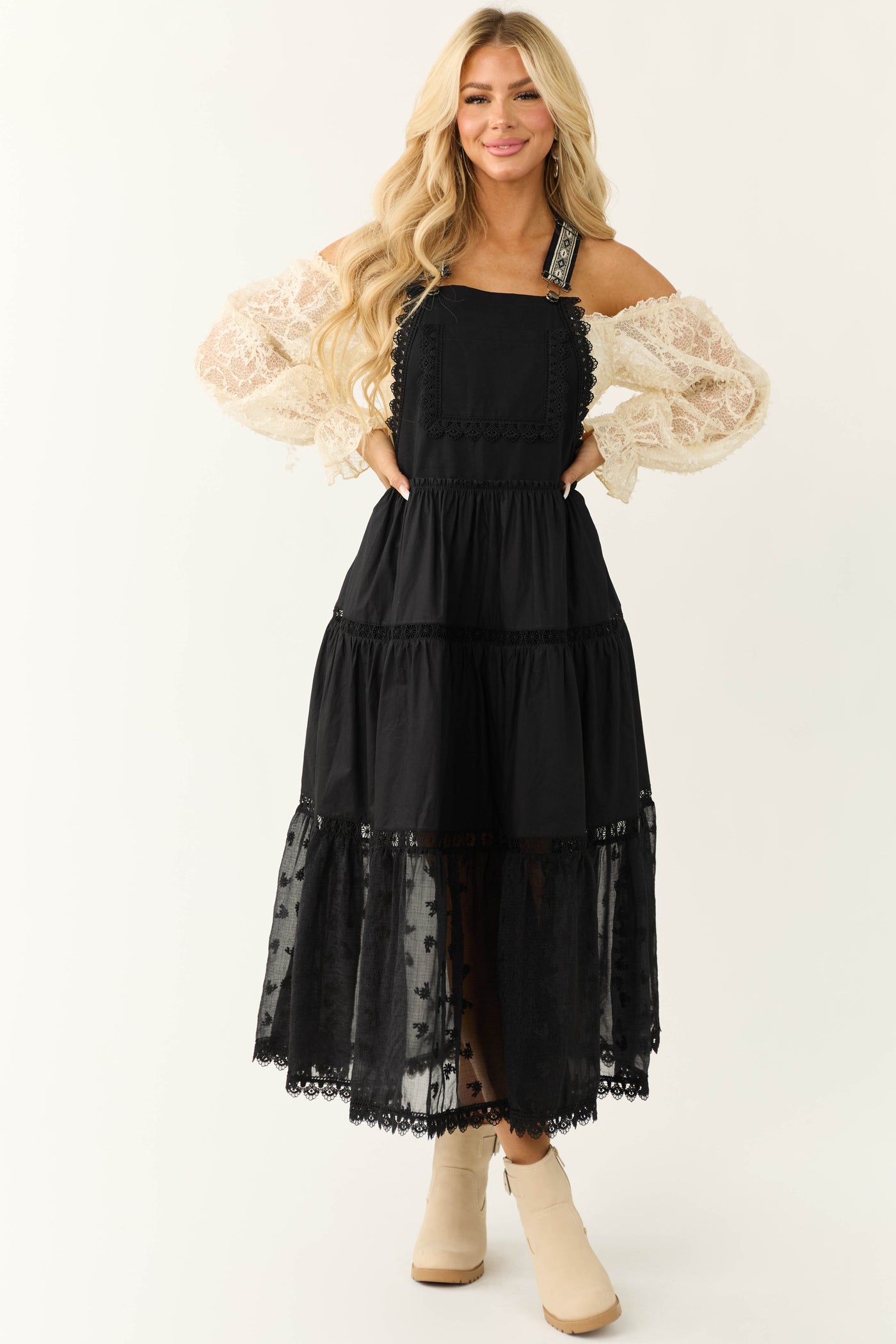 Black Lace Tiered Overalls Maxi Dress