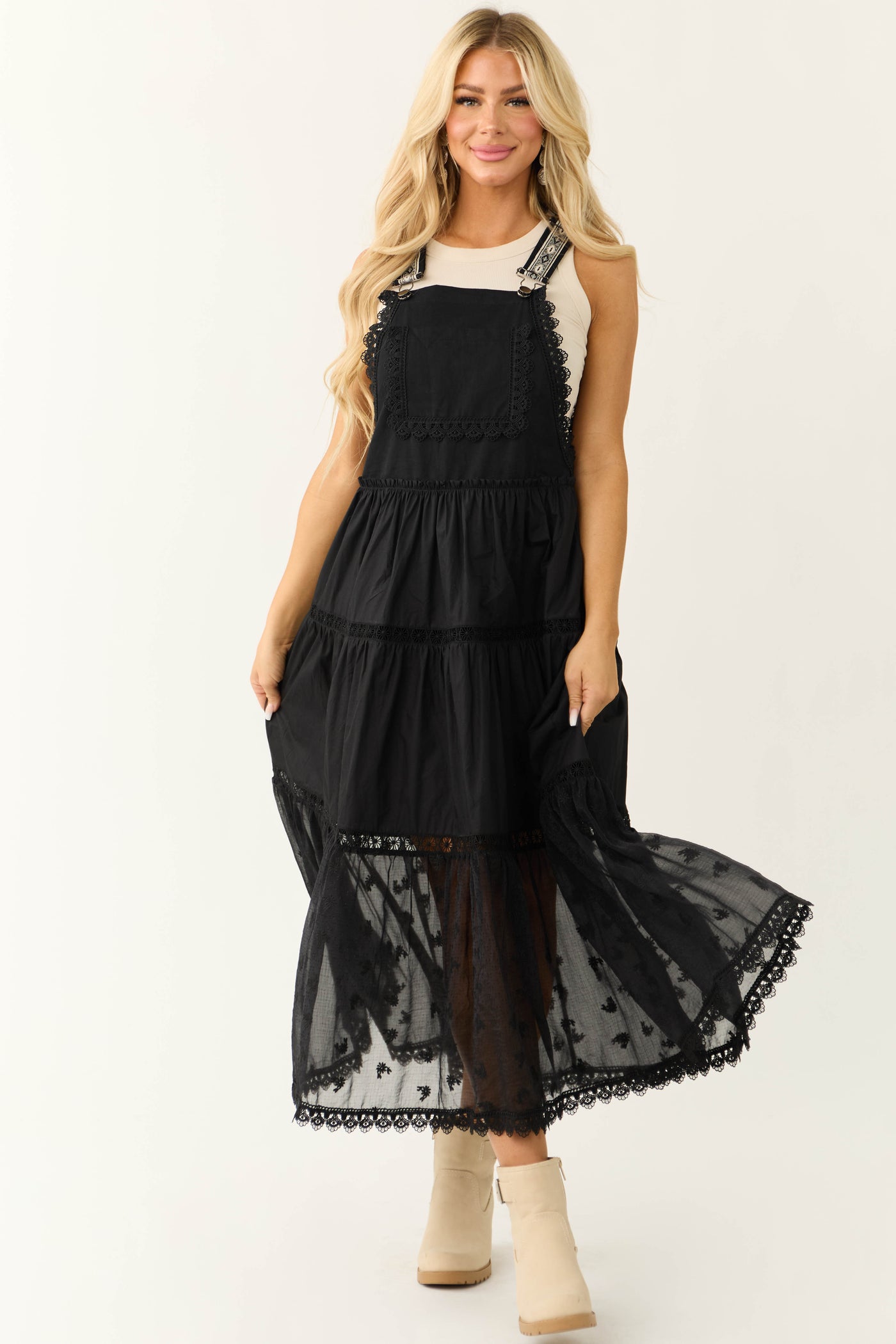 Black Lace Tiered Overalls Maxi Dress