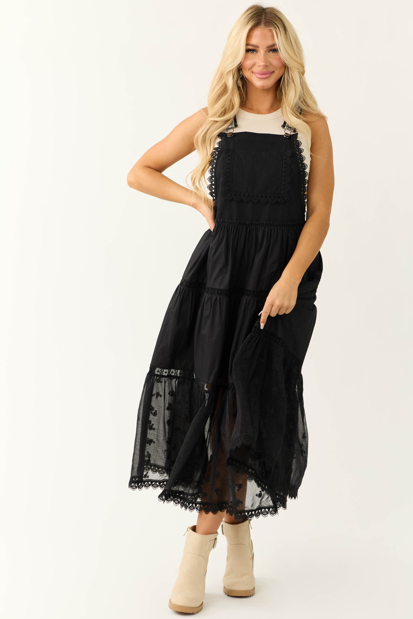 Black Lace Tiered Overalls Maxi Dress