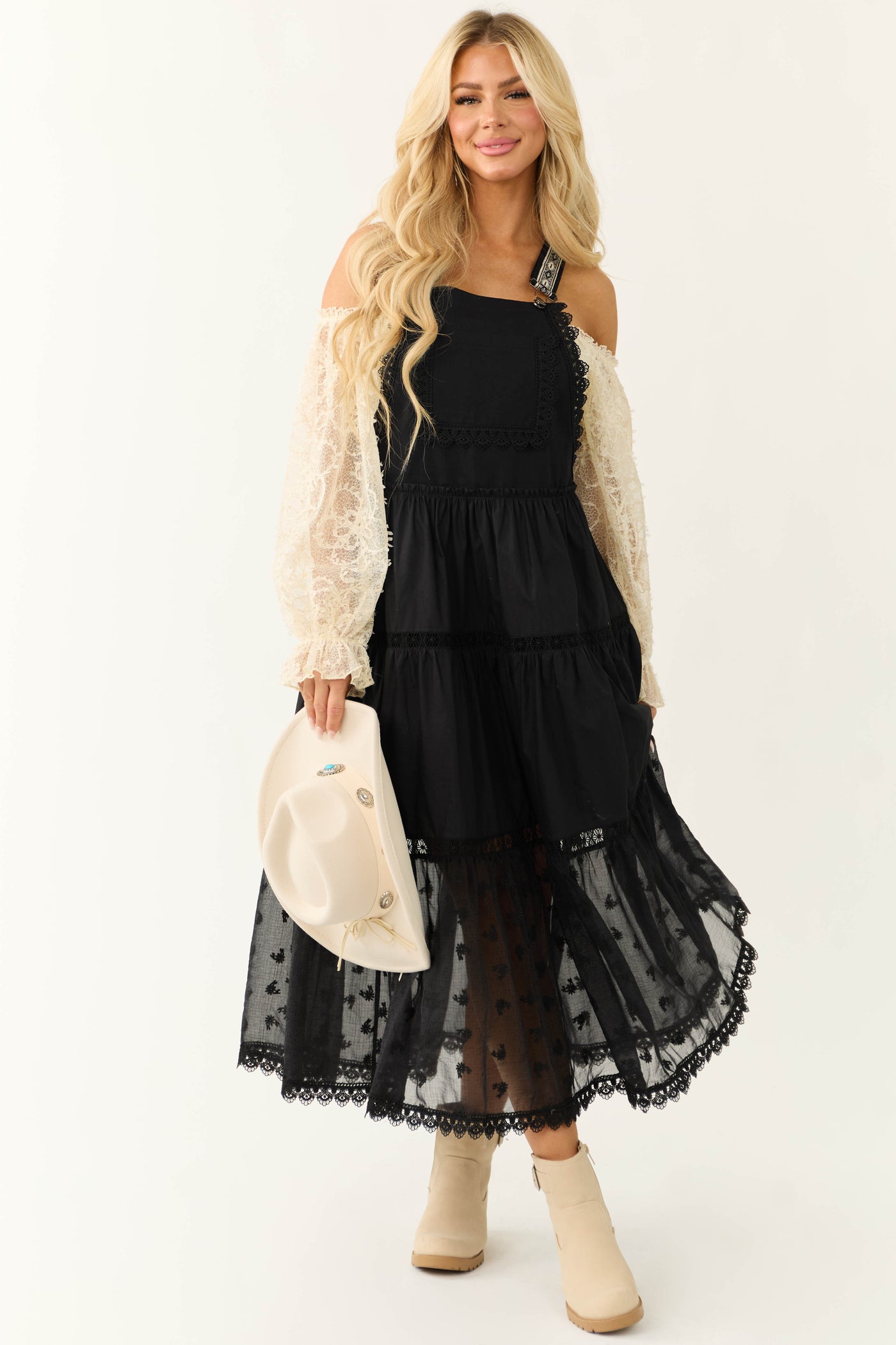 Black Lace Tiered Overalls Maxi Dress