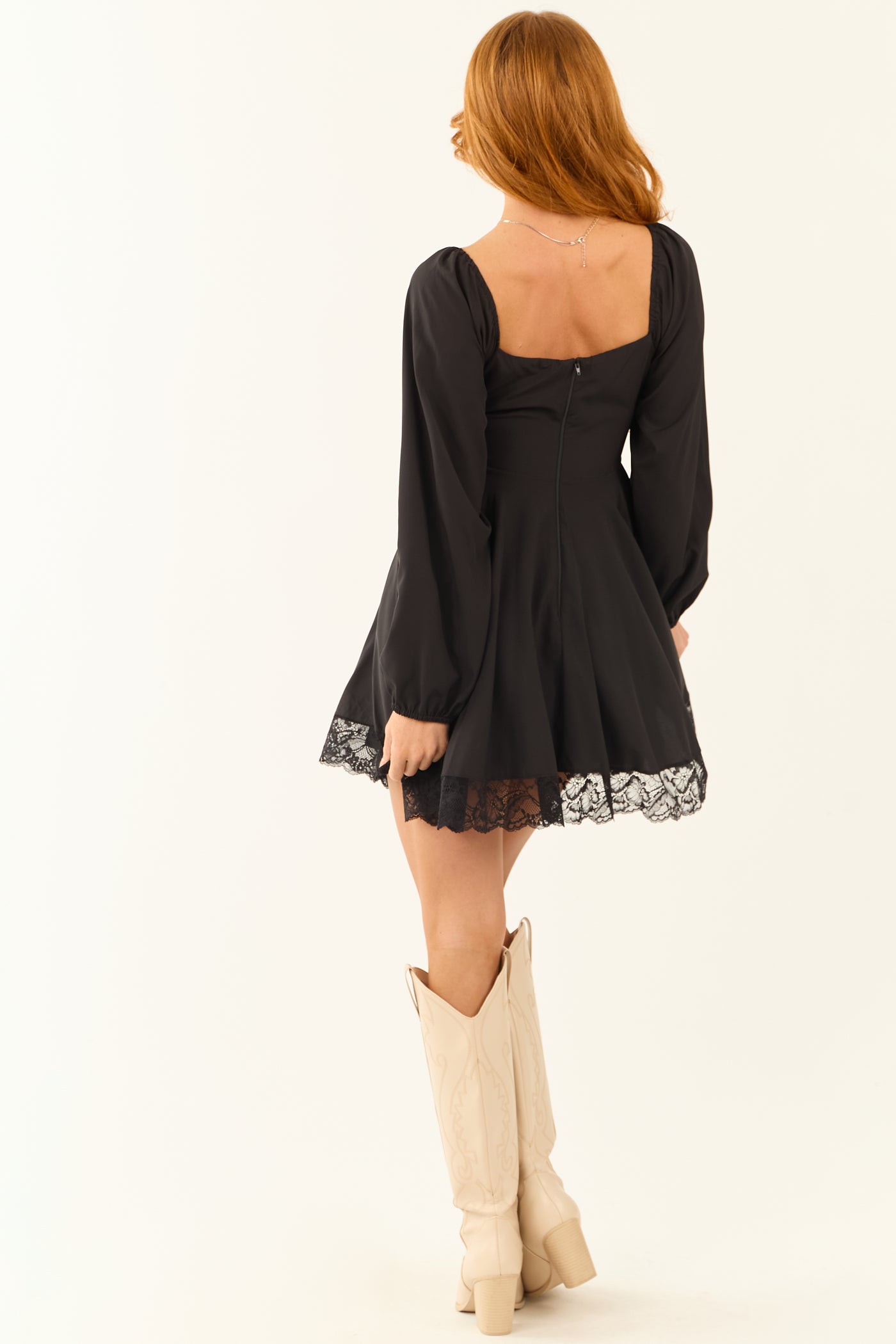 Black Lace Trim Ruched Bust Long Sleeve Mini Dress