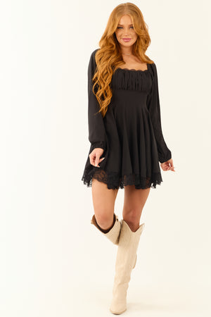 Black Lace Trim Ruched Bust Long Sleeve Mini Dress