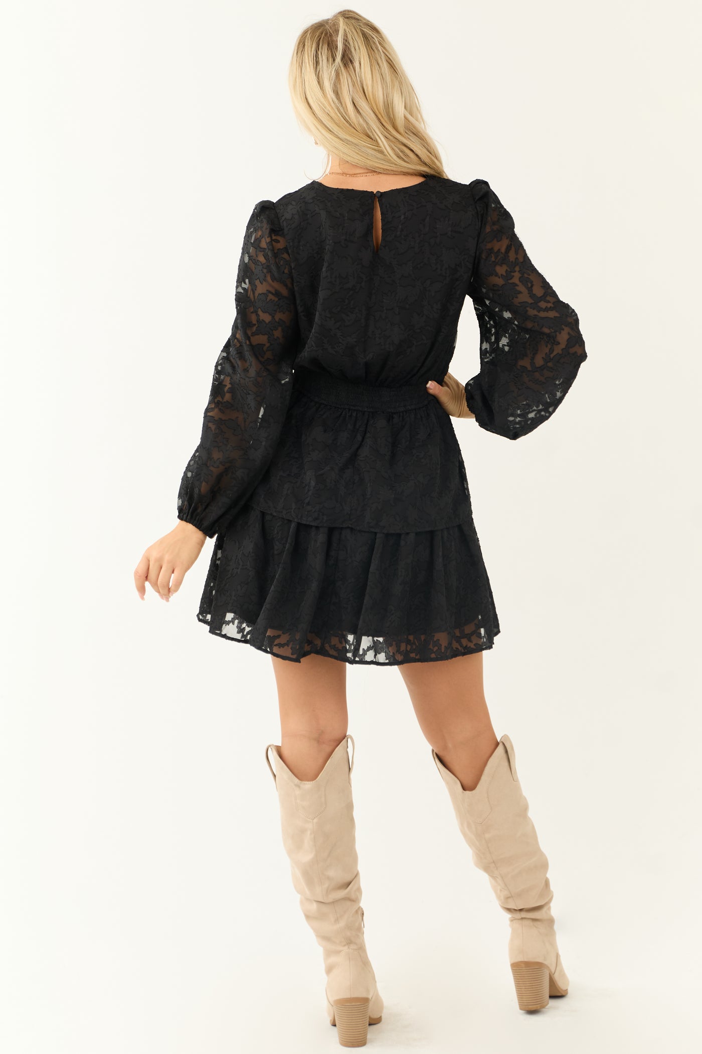 Black Leaf Textured Long Sleeve Mini Dress