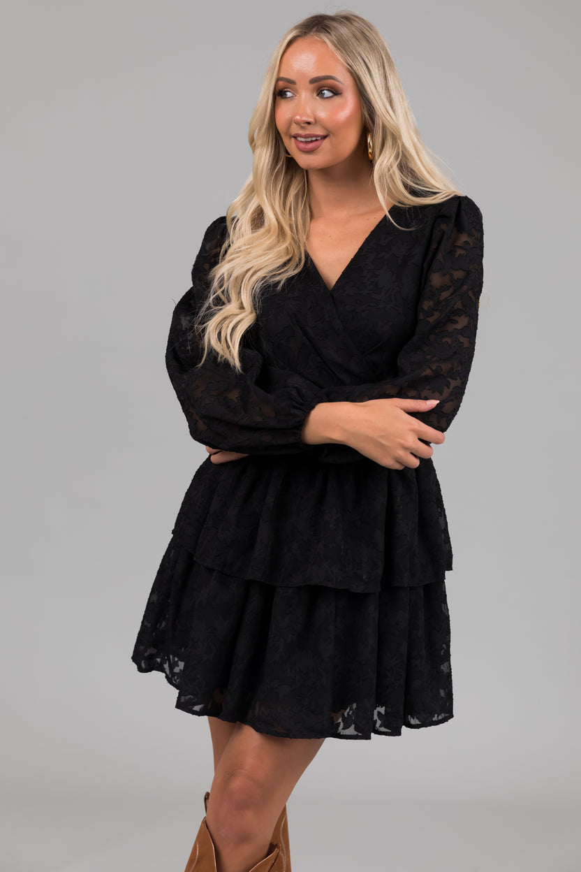 Black Leaf Textured Long Sleeve Mini Dress