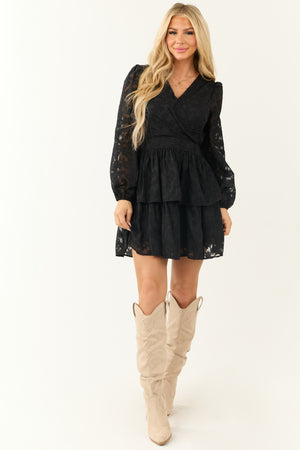 Black Leaf Textured Long Sleeve Mini Dress