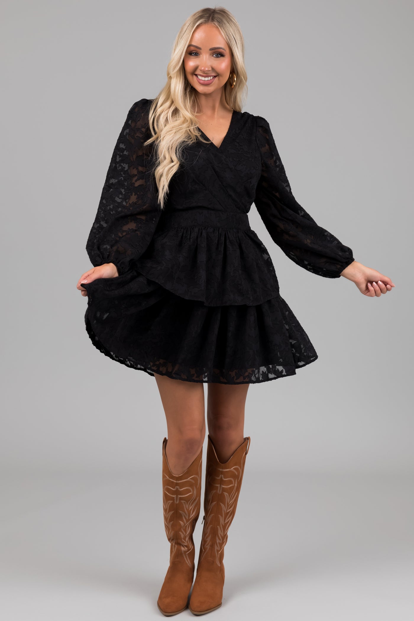 Black Leaf Textured Long Sleeve Mini Dress