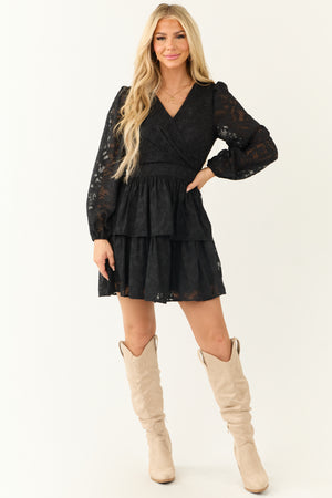 Black Leaf Textured Long Sleeve Mini Dress