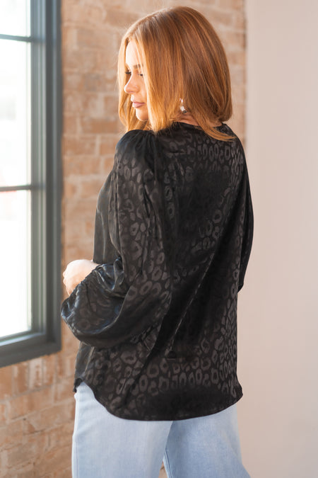 Black Leopard Jacquard V Neck Satin Blouse