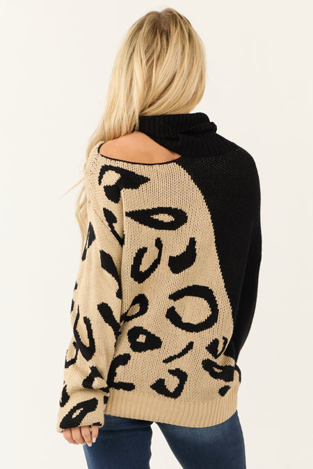 Black Leopard Print Cut Out Shoulder Sweater