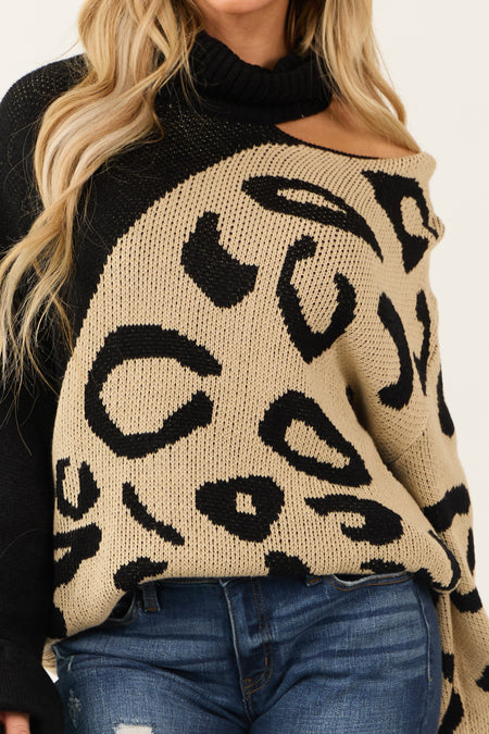 Black Leopard Print Cut Out Shoulder Sweater