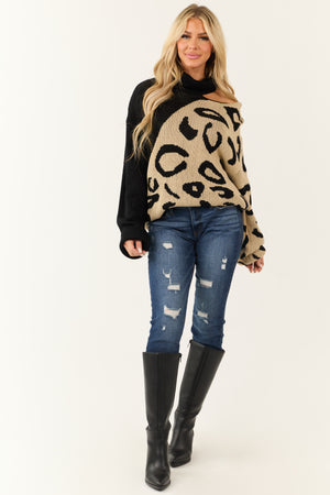 Black Leopard Print Cut Out Shoulder Sweater