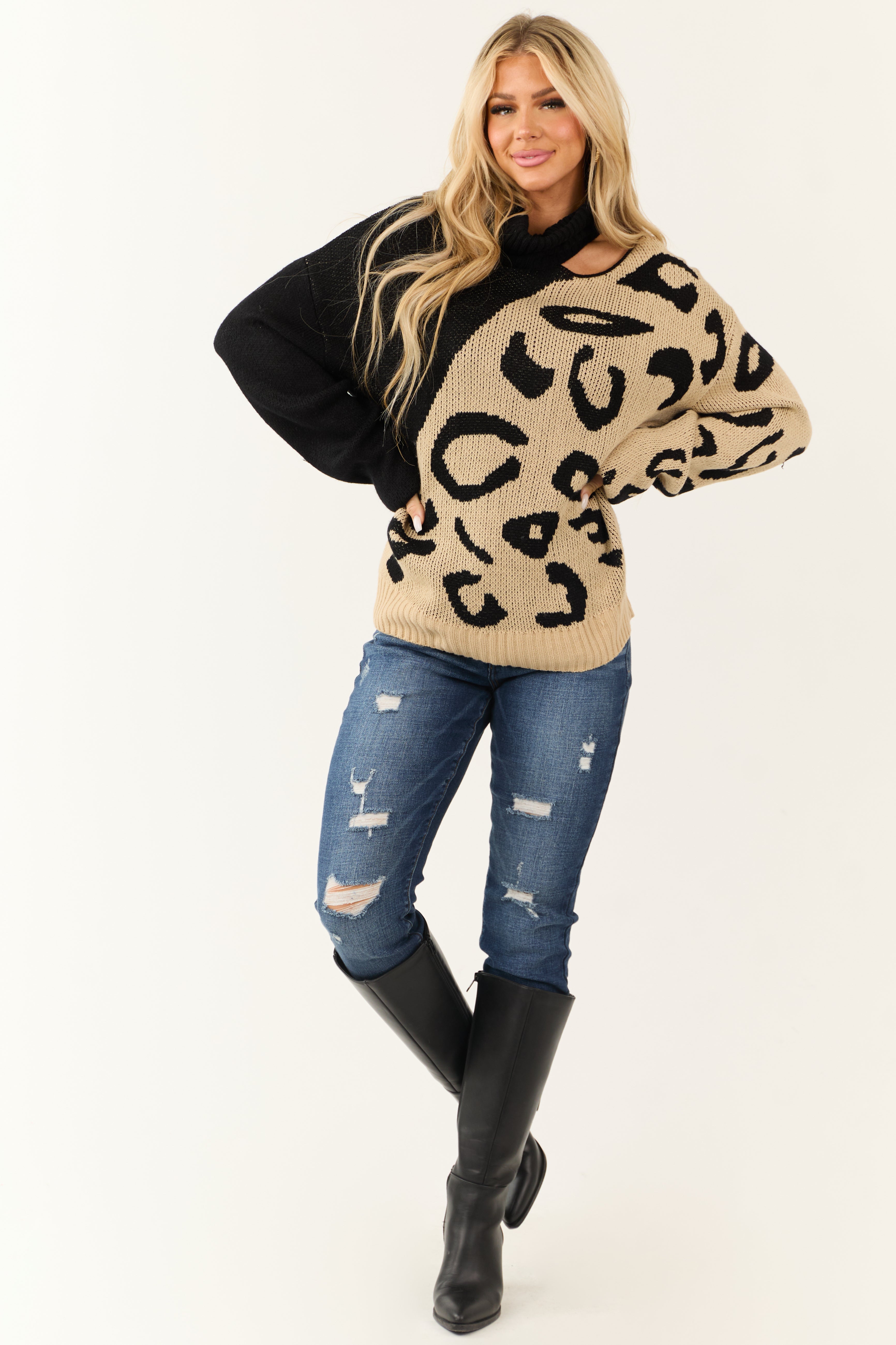 NEW Farm Rio Turtleneck Cutout Sweater Puff Sleeves Monstera top Leopard Print Combo