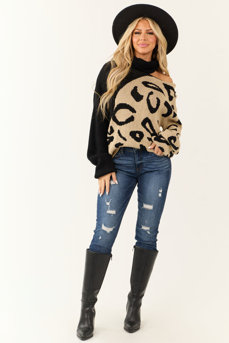 Black Leopard Print Cut Out Shoulder Sweater