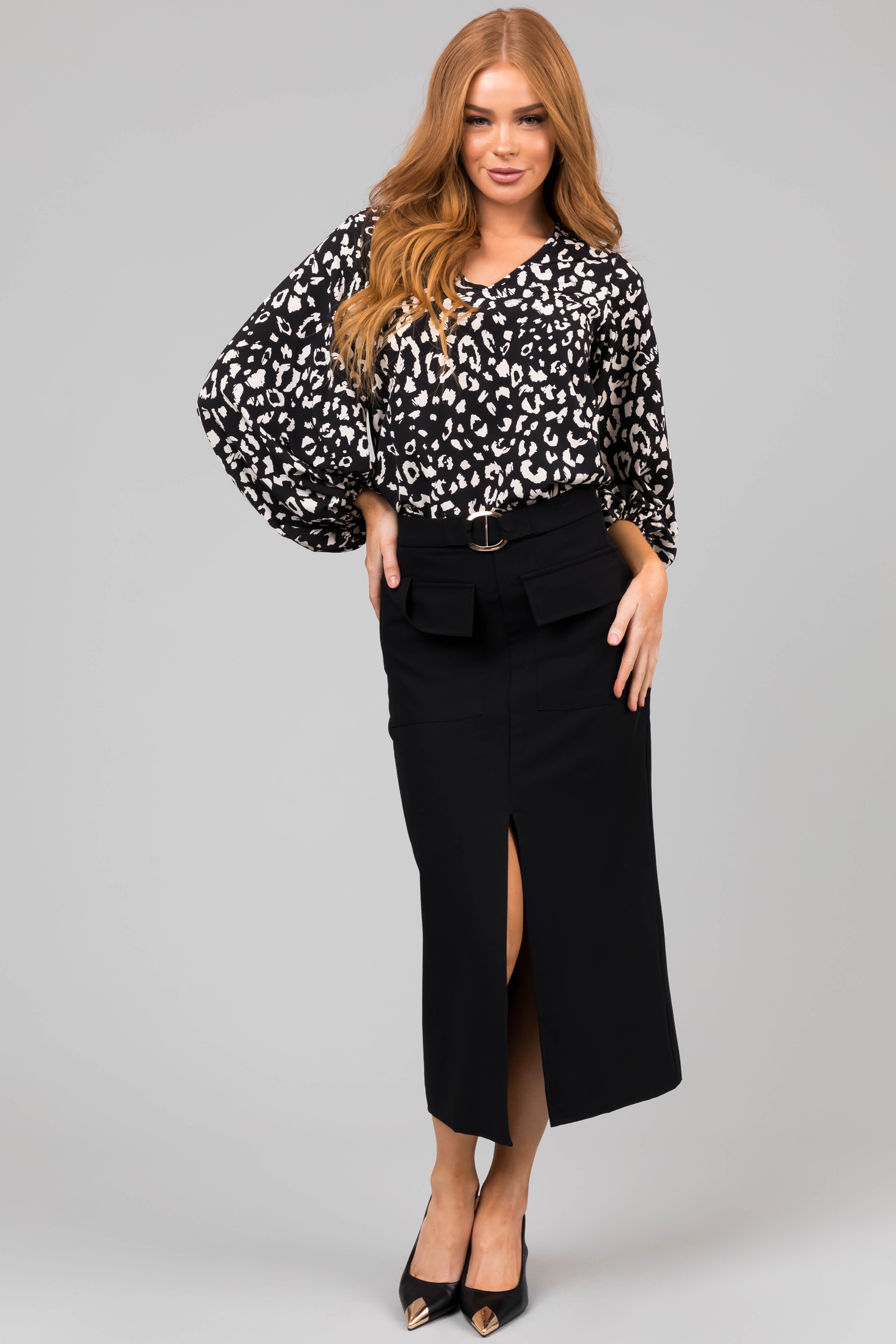 Black Leopard Print V Neck 3/4 Sleeve Blouse