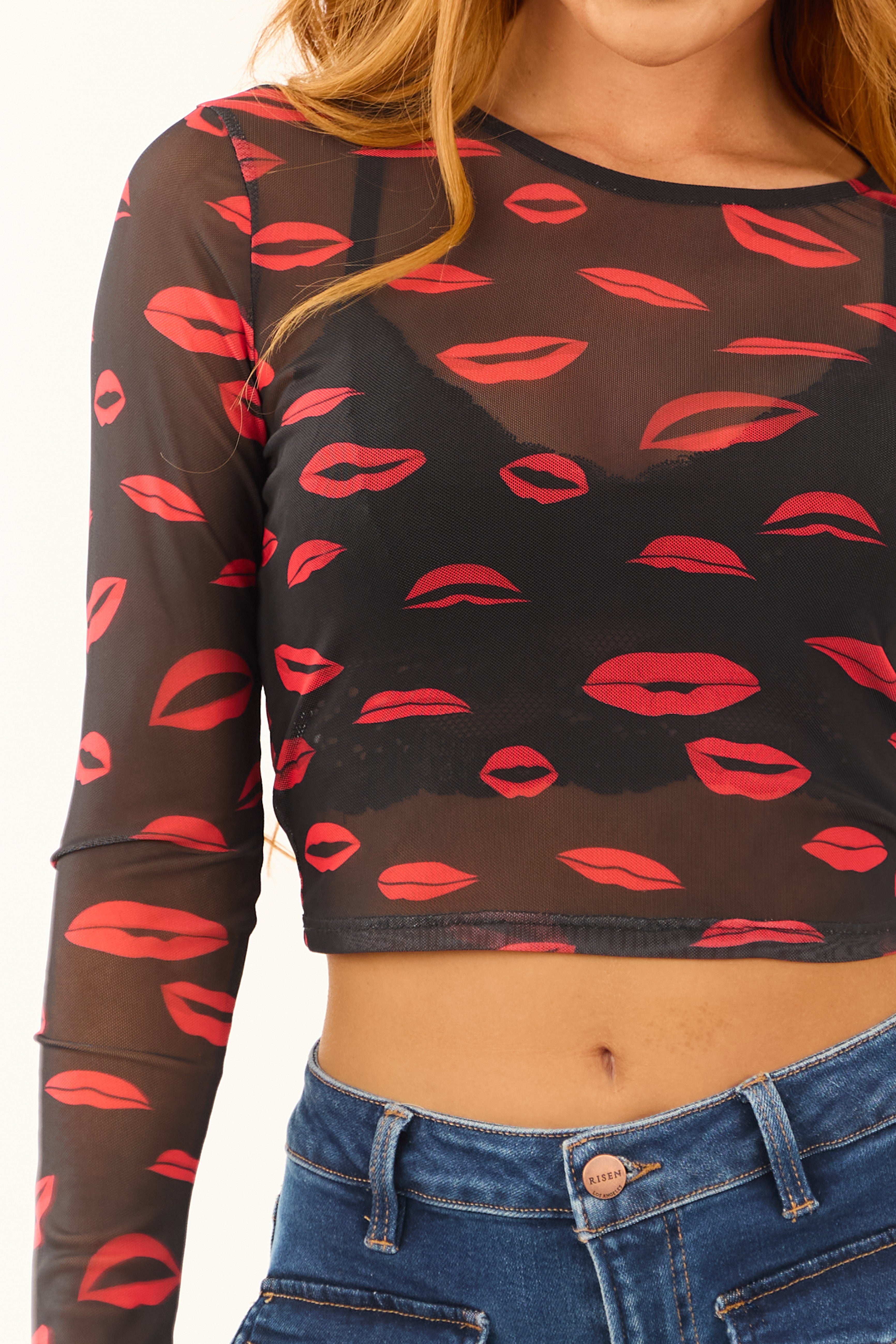 Black Lip Print Graphic Long Sleeve Mesh Top