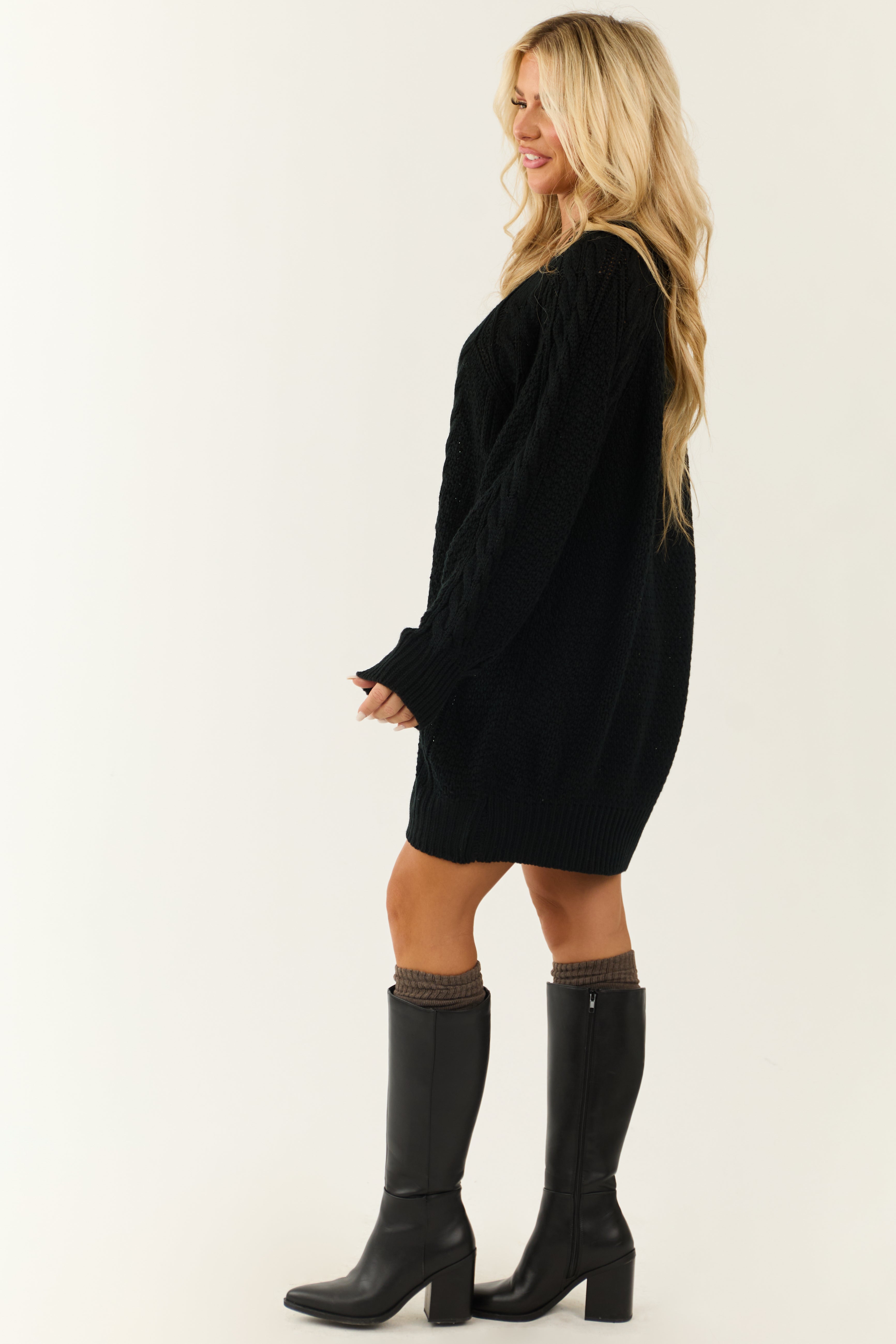 Black Long Balloon Sleeve Short Sweater Dress