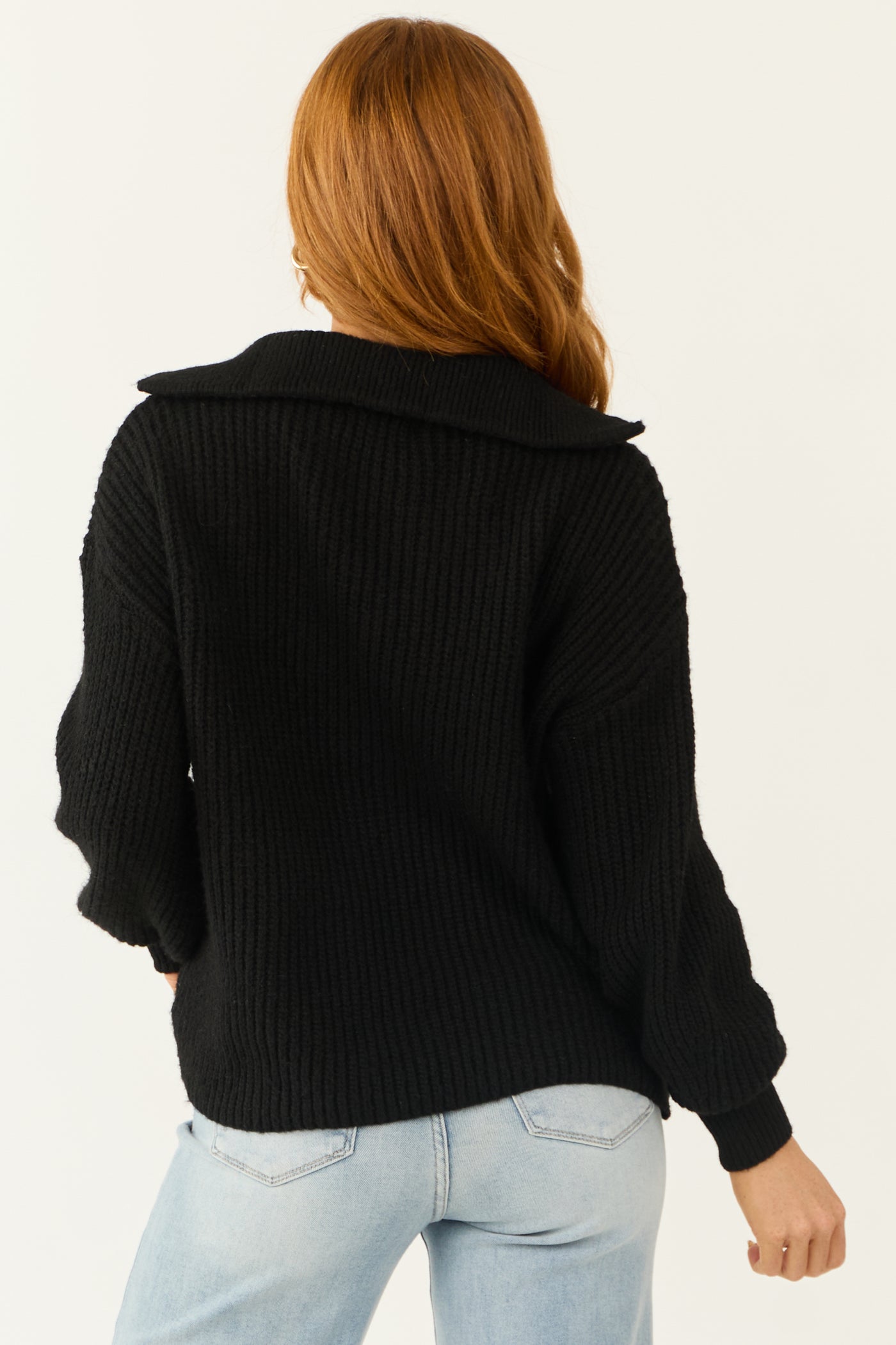 Black Long Bubble Sleeve Ribbed Knit Sweater