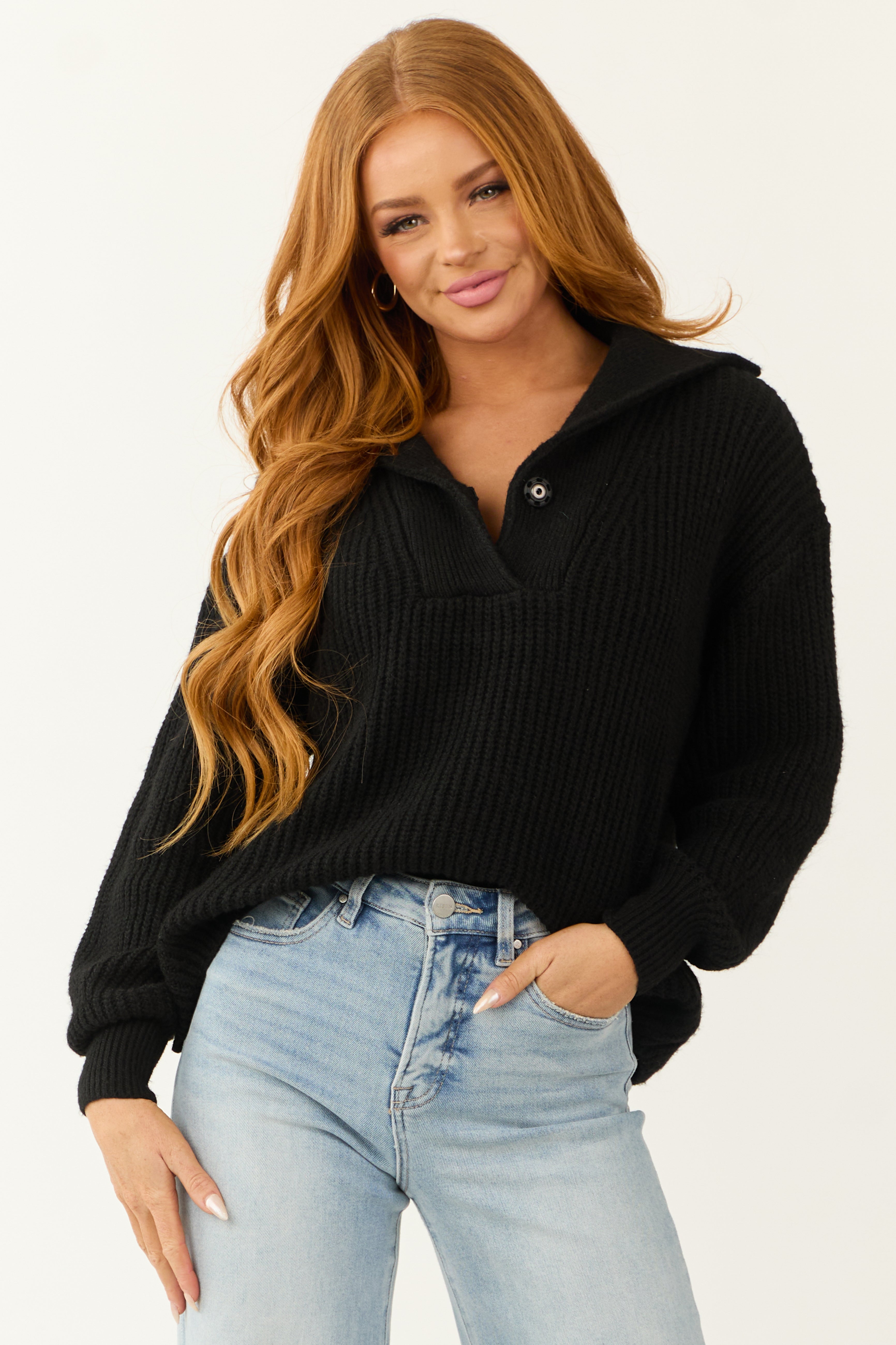 Black Long Bubble Sleeve Ribbed Knit Sweater