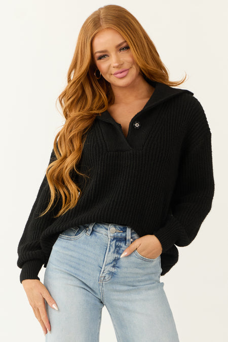 Black Long Bubble Sleeve Ribbed Knit Sweater