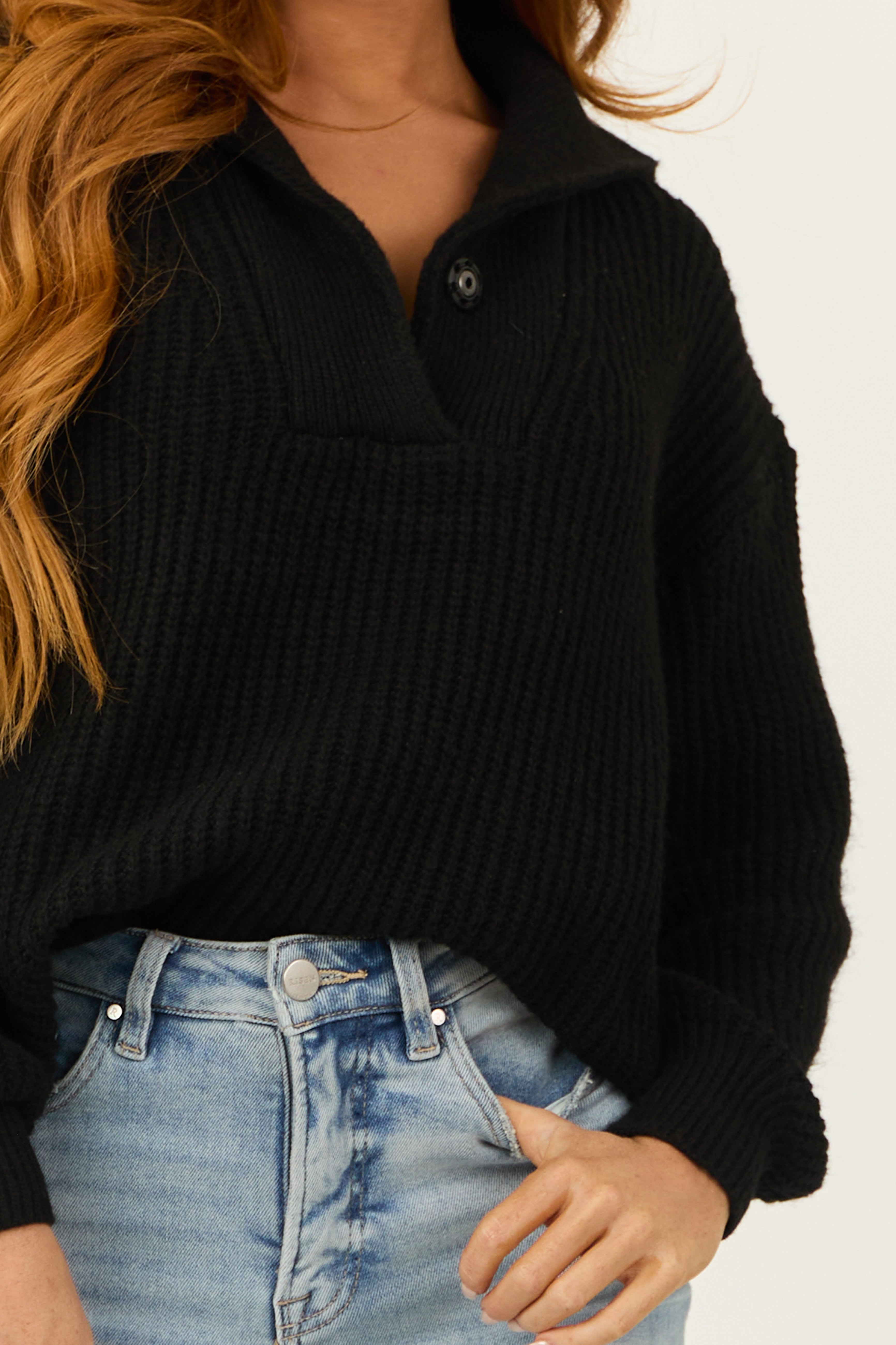 Black Long Bubble Sleeve Ribbed Knit Sweater