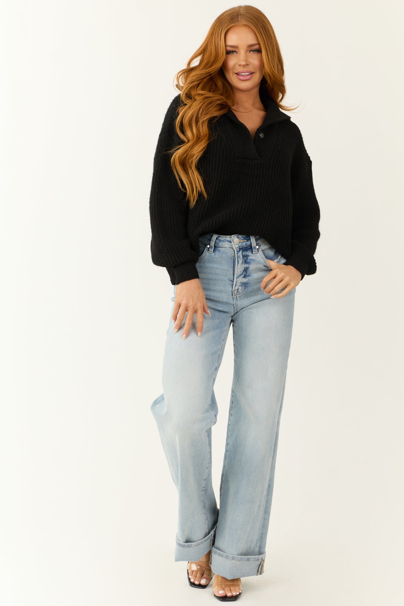 Black Long Bubble Sleeve Ribbed Knit Sweater