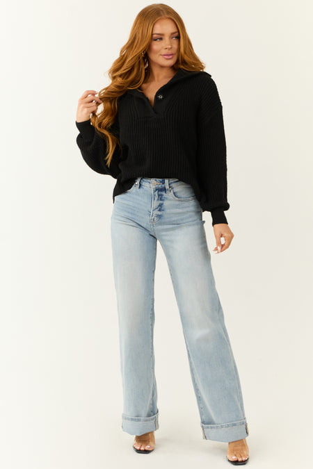 Black Long Bubble Sleeve Ribbed Knit Sweater