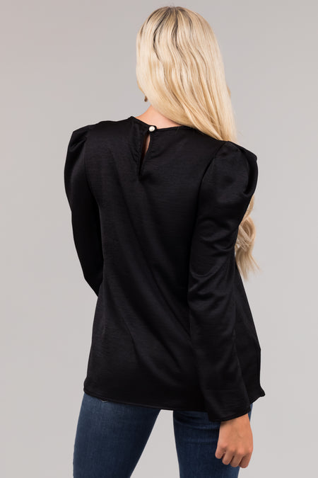 Black Long Pleated Puff Sleeve Satin Blouse