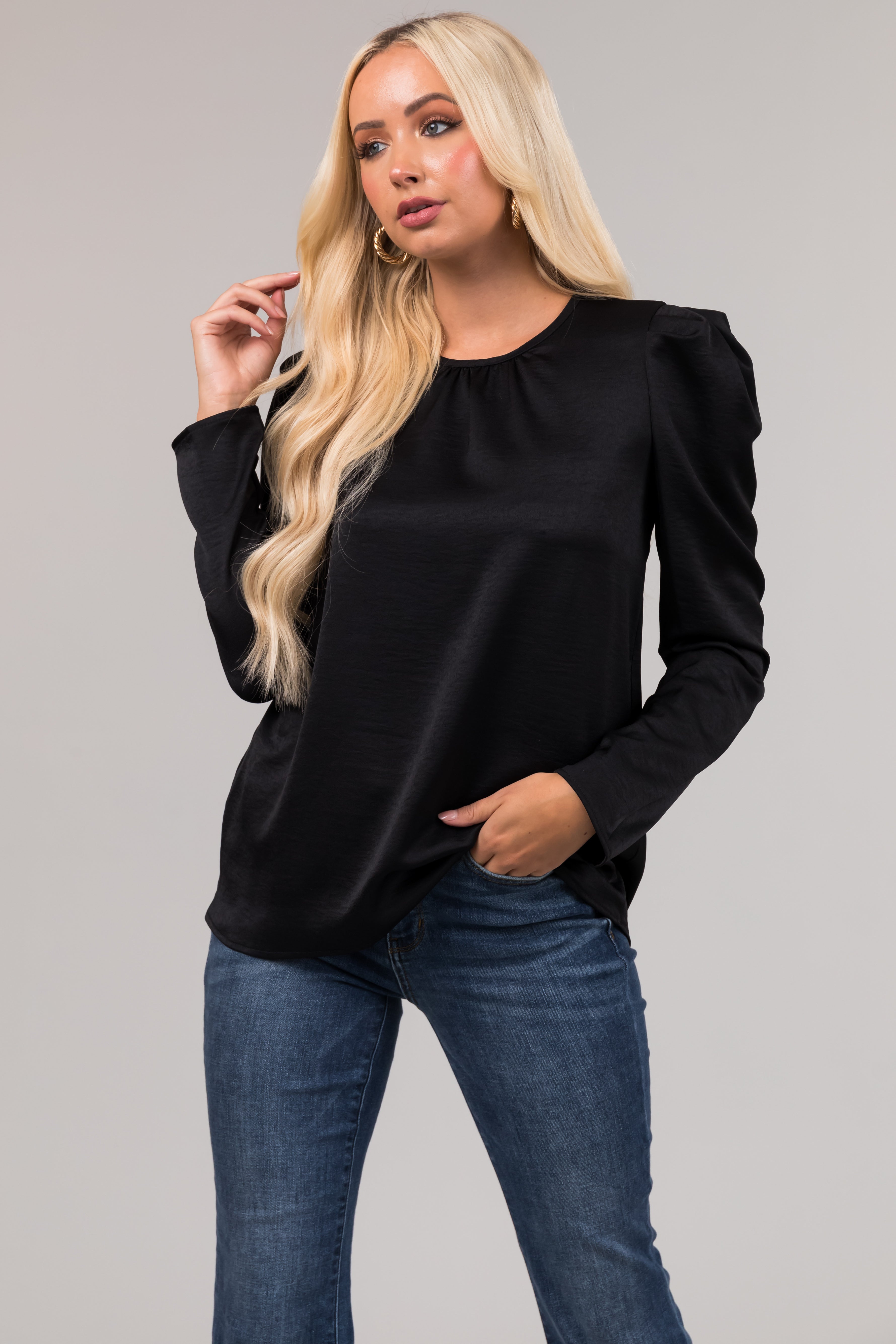 Black Long Pleated Puff Sleeve Satin Blouse