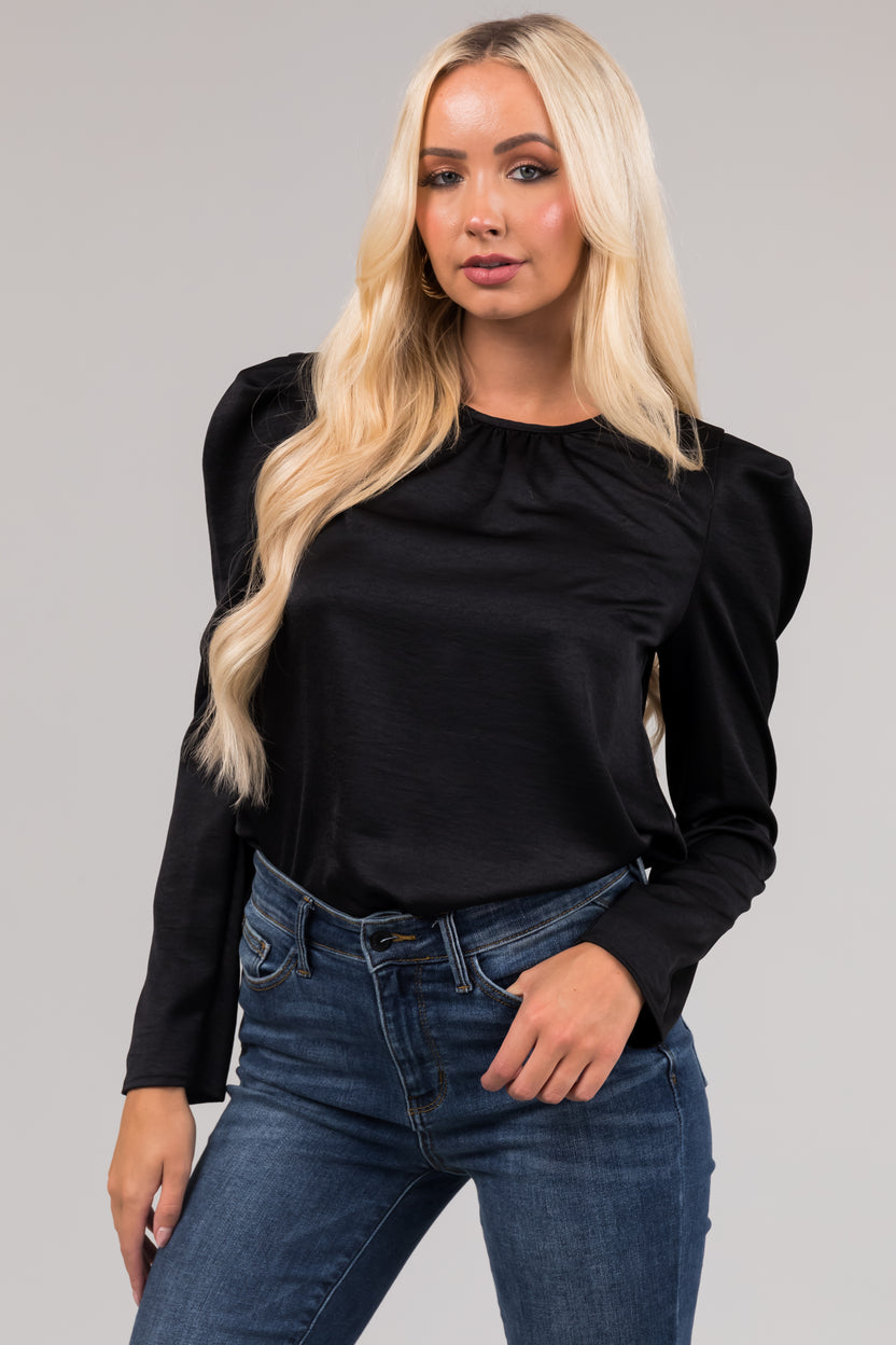 Black Long Pleated Puff Sleeve Satin Blouse