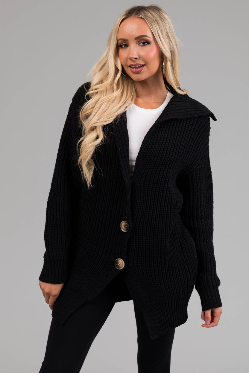 Black Long Sleeve Button Down Knit Cardigan